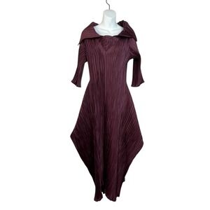 Mashiah Pleated Midi Dress Burgundy V Neck Dolman Sleeve Womens Size M Artsy